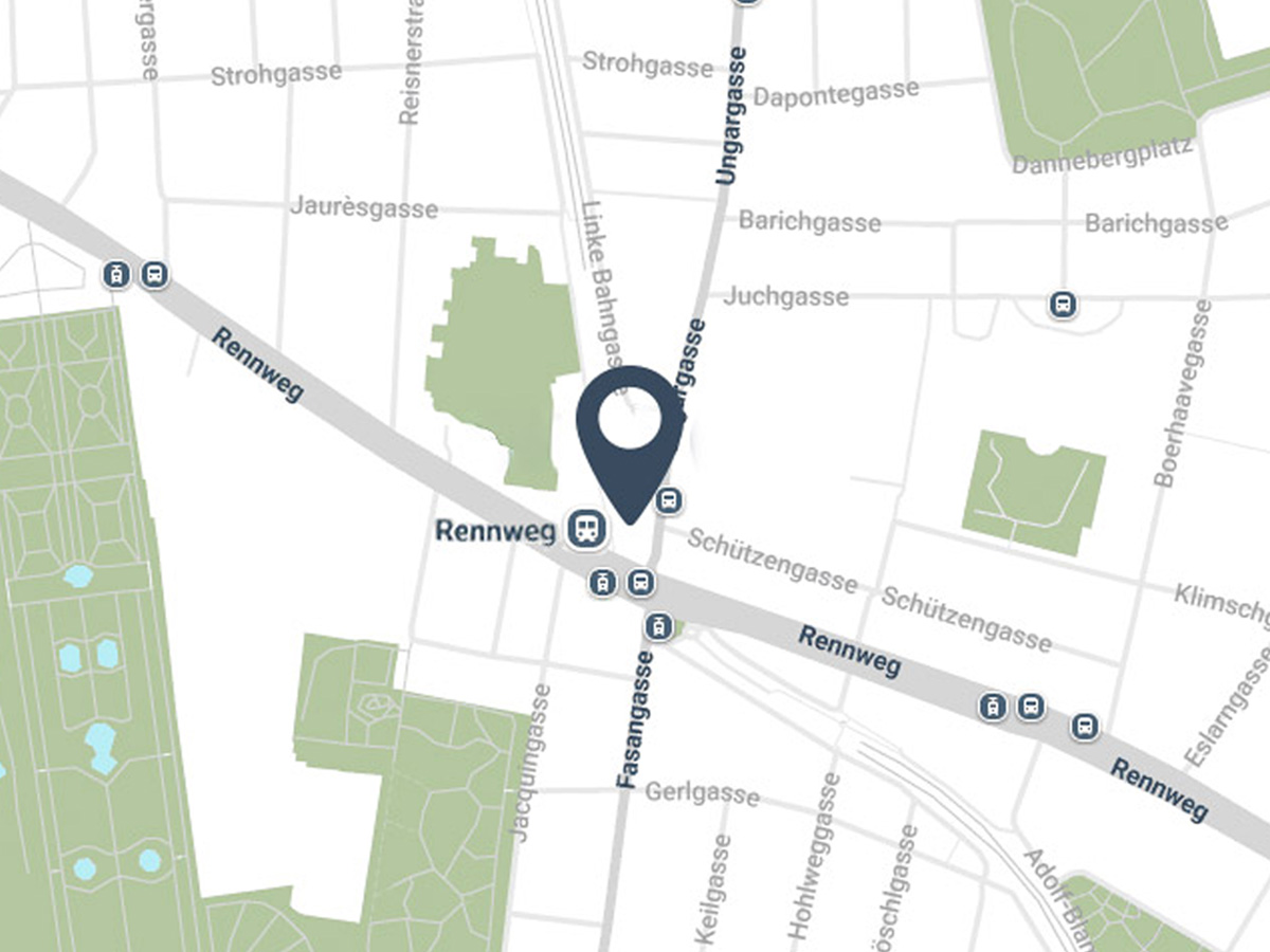 Karte mit Pin auf Adresse vom Orthopädie Zentrum Rennweg in der Passage Zentrum Rennweg
